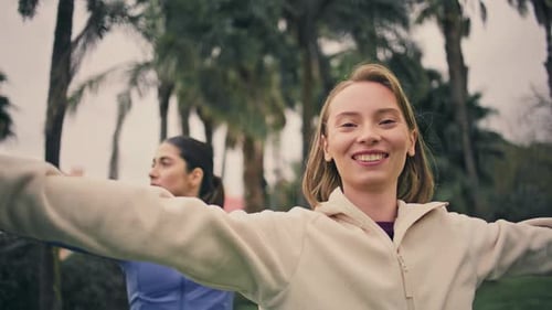 Happy Woman Training Yoga Nature Close Up Ladies Raising Hands Practicing Asana