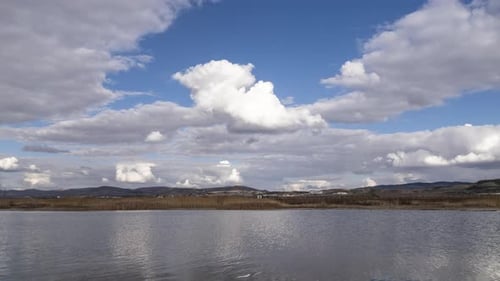 Pond, Reeds And Cloudy Blue Sky