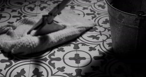 Mop Cleaning Patterned Tiles Black and White