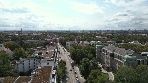 Cinematic aerial, Bundesfinanzhof, high federal court, Munich, Germany