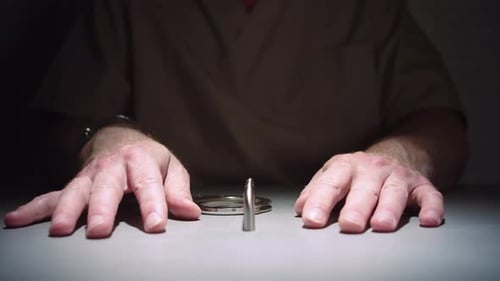 Close-up shot that slowly dollies in on a prisoner's hands, cuffed to a table in an interrogation ro