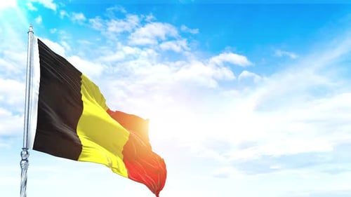 Belgian Flag Waving in Bright Blue Sky