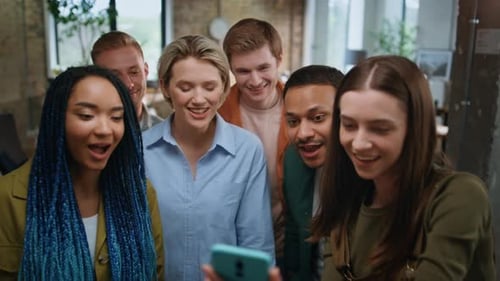 Corporate Team Making Selfie Standing Office Close Up Happy Coworkers Laughing