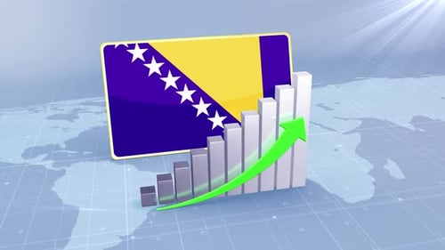 Bosnia And Herzegovina Flag With Increasing Bar Chart Graph And Arrow Green