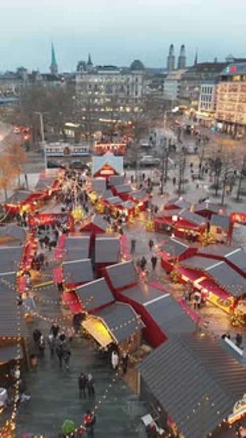 Zurich, Switzerland Aerial view of the Zurich Christmas Market, the Weinachsdorf