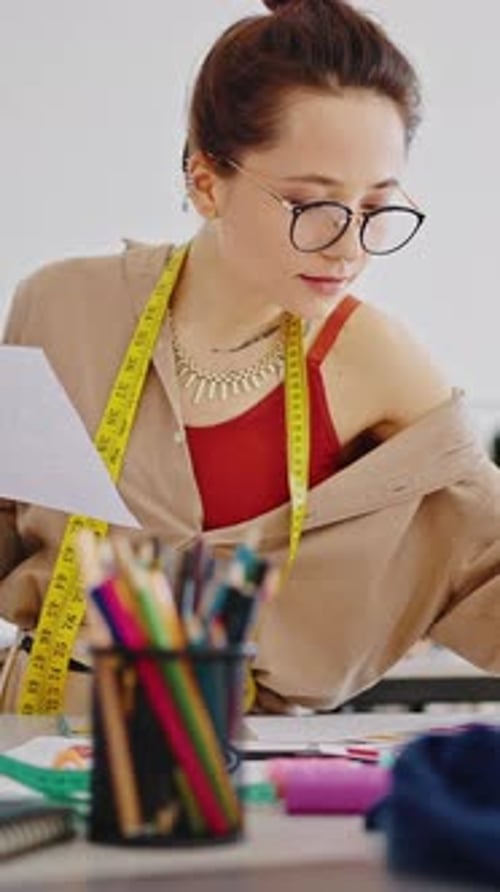 Designer at Work Young Concentrated Lady Tailor Working at New Fashion Collection Choosing Colors