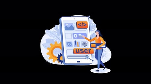 Woman interacting with mobile app user interface illustration