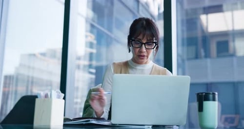 Writing, thinking and laptop with business woman in office for patent lawyer