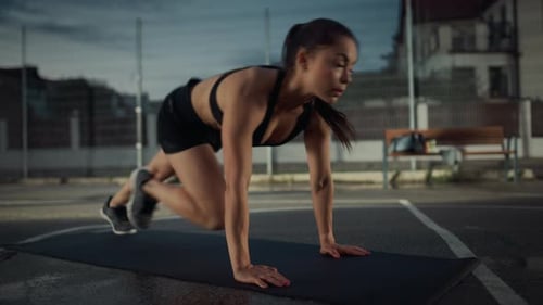 Beautiful Energetic Fitness Girl Doing Mountain Climber Exercises. She is Doing a Workout in a Fenc