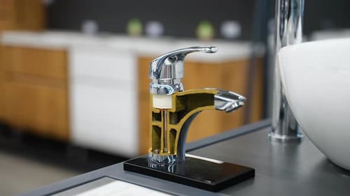 Wasserhahn in einem Ausschnitt auf Vitrine