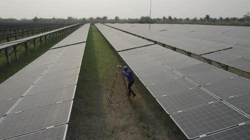 Topview of photovoltaic power plants, Photovoltaic solar system for alternative energy, drone view.