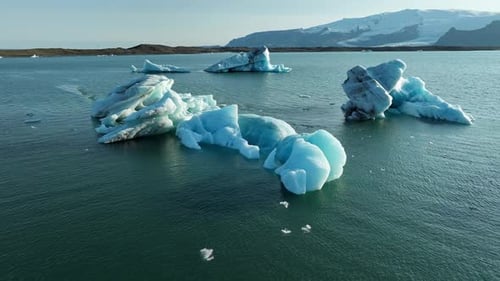 Eisberge in Island Große Eisbrocken schwimmen in der türkisfarbenen Gletscherlagune, klare blaue Eisberge bilden sich