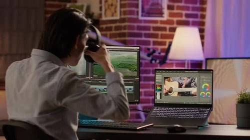 Male Videographer Working with Video Editor Software