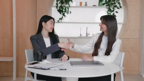 Professional Women Meeting and Handshake in Modern Workplace