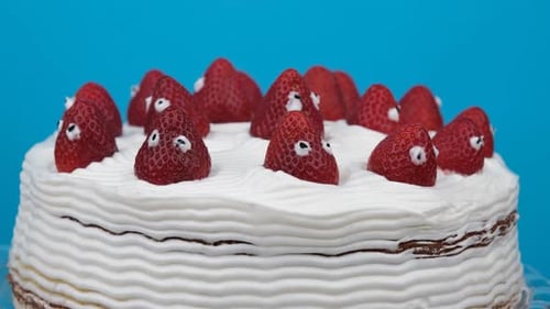 Strawberry cake with frosting on bright blue background