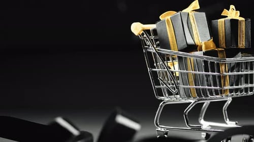 Miniature Shopping Cart Full of Black Holiday Gifts