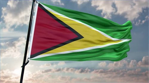 Realistic Guyana Flag Waving in Cloudy Sky Background
