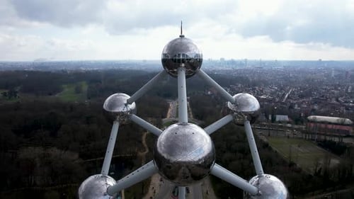 Aerial view of atomium and cityscape, Belgium.