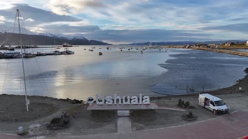 Ushuaia Sign At Ushuaia In Tierra Del Fuego Argentina. Sign Letters Landscape.