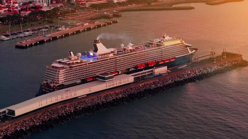 Cruise Ship Docked at Funchal, Madeira During Sunset