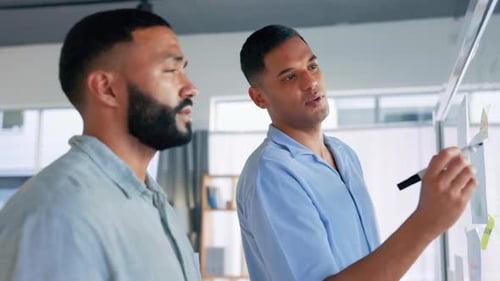 Creative business people, writing and schedule planning on glass board for brainstorming