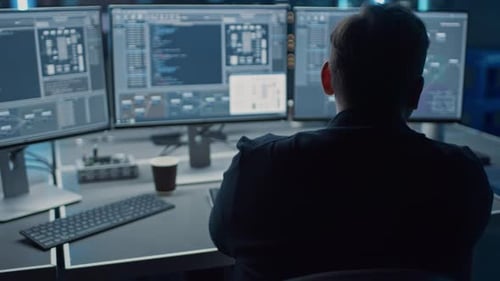 Professional IT Programer Working in Data Center on Desktop Computer with Three Displays, Doing Dev