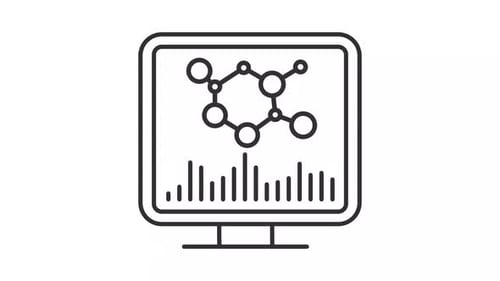 Animated Monitor Icon with Data Analysis and Network Structure