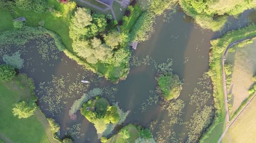 Young Woman Stand Up Paddling on Sup Board on Pond in Summer Aerial Shot