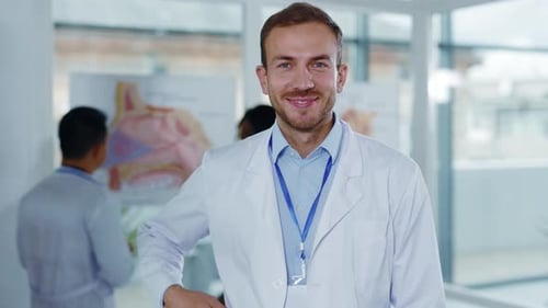 Face Portrait Handsome Caucasian Young Professional Doctor in Hospital Center Successful Healthcare