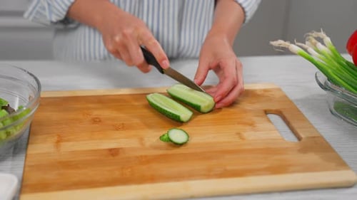 Chopping cucumber and green onion in a kitchen