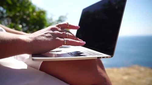 Woman Laptop Sea Working Remotely on Seashore Happy Successful Woman Female Freelancer Working on