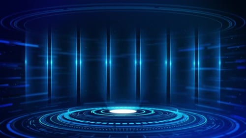 Hologram, Empty space, Stand Stage, light circles on black background. round platforms with