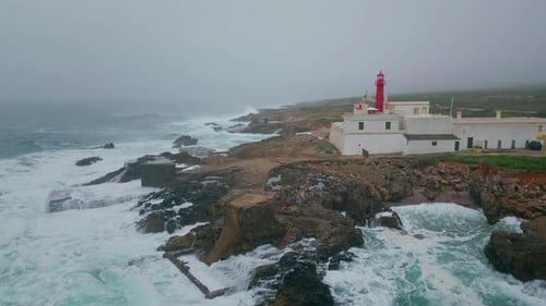 Lonely Lighthouse Standing Stormy Sea Shore Under Grey Sky Marine Landscape
