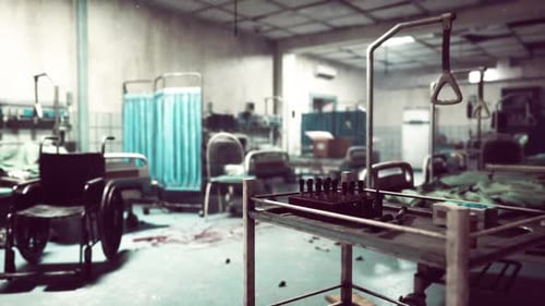 Abandoned Hospital with Destroyed Interiors and Scattered Medical Equipment