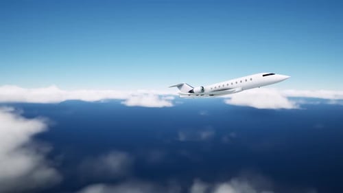 Private Jet Flying Above Clouds in Blue Sky