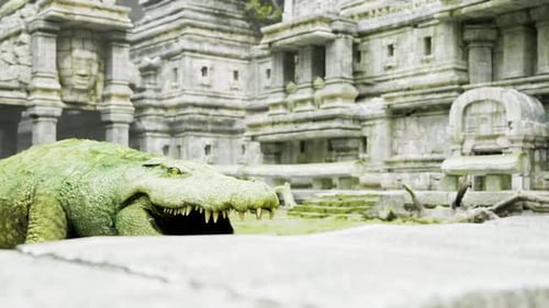 Crocodile se reposant près de ruines anciennes dans un cadre tropical luxuriant