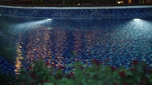 Kleiner dekorativer Pool aus blauen Fliesen mit Beleuchtung und Büschen