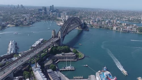 Vídeo aéreo da cidade de Sydney e do porto de Sydney ao pôr do sol, Austrália