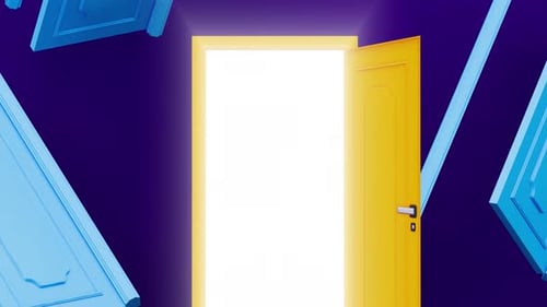 Light shone from the open door, a yellow door in dark purple room. Filling the room with bright