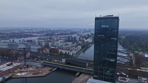 Aerial view of modern buildings on the bank of spree river