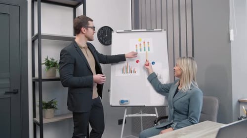 business woman team leader presenting project strategy showing ideas on whiteboard in office