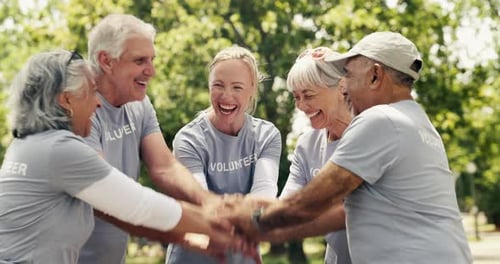 Volunteer, people and stack hands for celebration, success or community service mission in park