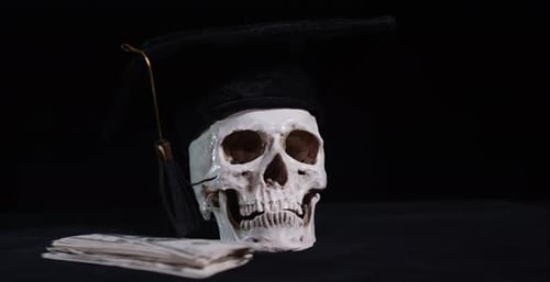 Death and debt in higher education - human skull with money and diploma