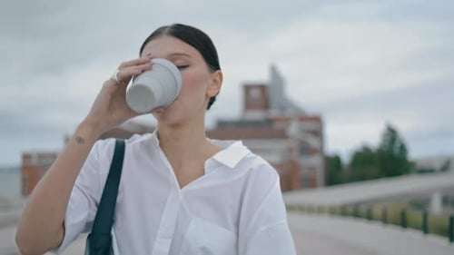 Girl Drinking Coffee Takeaway Walking Street Closeup
