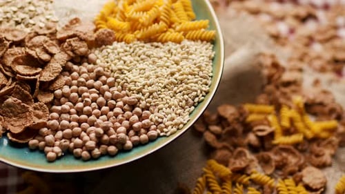 Variety of Grains, Cereals, and Pasta Displayed