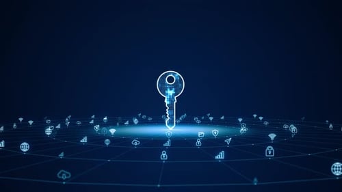 Blue digital security key logo with futuristic technology icon and line connection