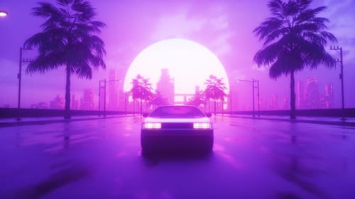Riding Car On Endless Road With Cityscape View Synth Wave Backdrop Loop