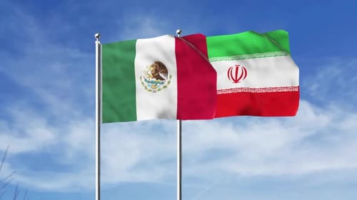 Mexico and Iran National Flags Waving in Wind
