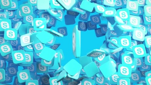 Animated Logo Reveal with Falling Icons on Blue Background