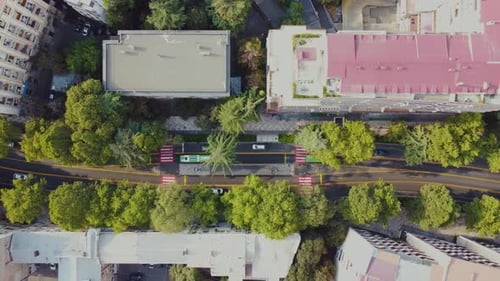Bus Stop Aerial Shoot.Traffic in the city. Bus going in the bus line